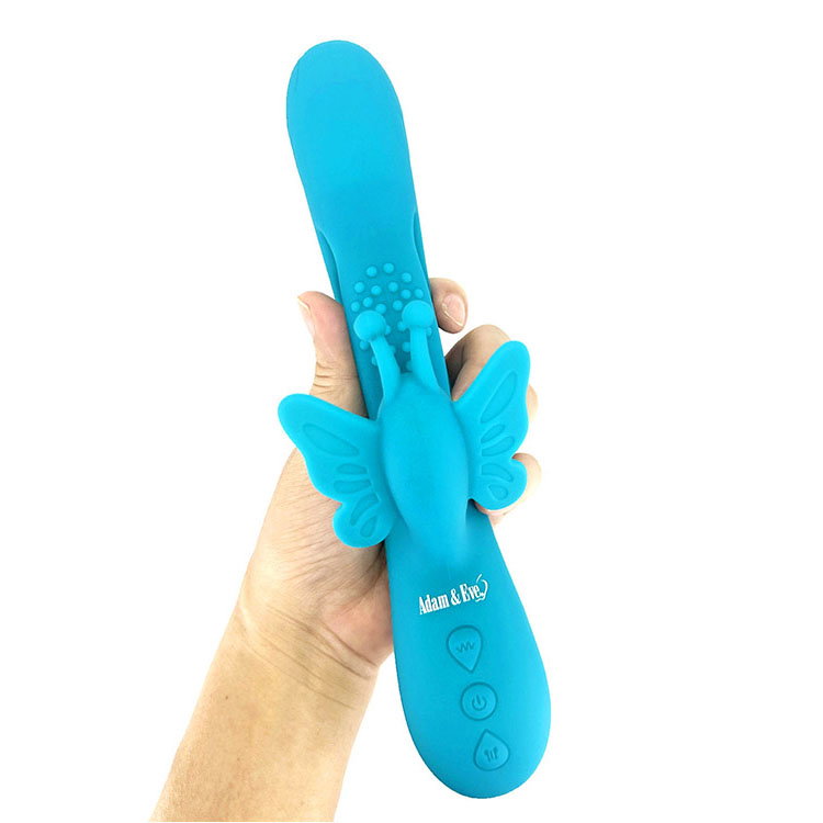 Adam & Eve Butterfly Embrace blue rabbit vibrator with curved shaft and butterfly clitoral stimulator